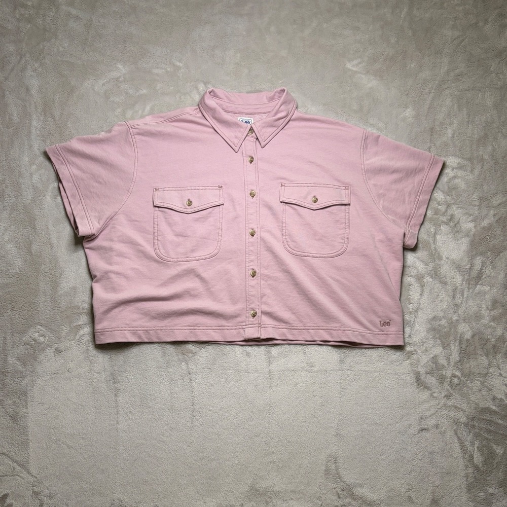Lee Workwear Cropped Knit Button Up Shirt Womens 2XL Pink Short Sleeve Boxy